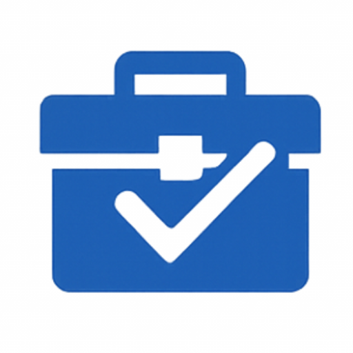 Boîte à outils bleue avec check pour Outil Facile, logo du site d’aide aux outils en ligne